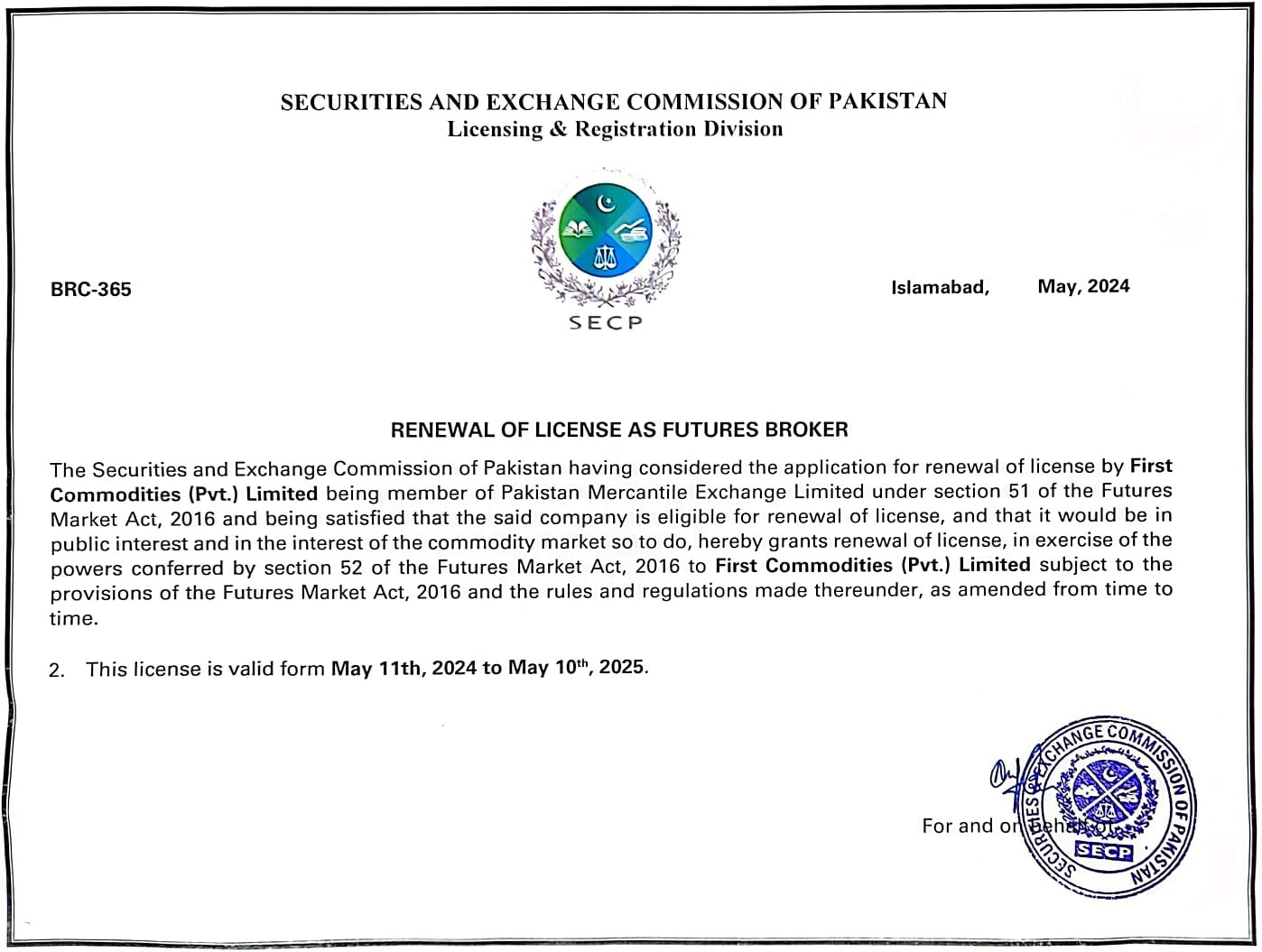 Futures Broker license issued by the Securities and exchange commission of pakistan